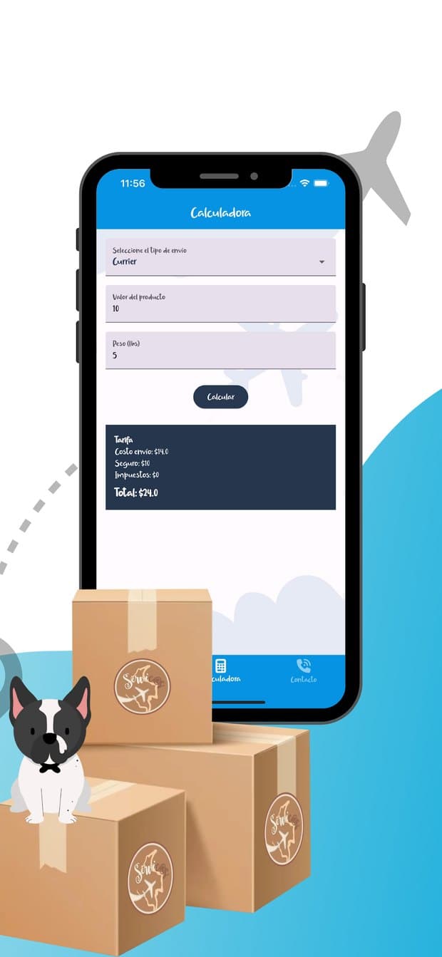 Calculadora de la app estimando el costo de un envío según el peso
