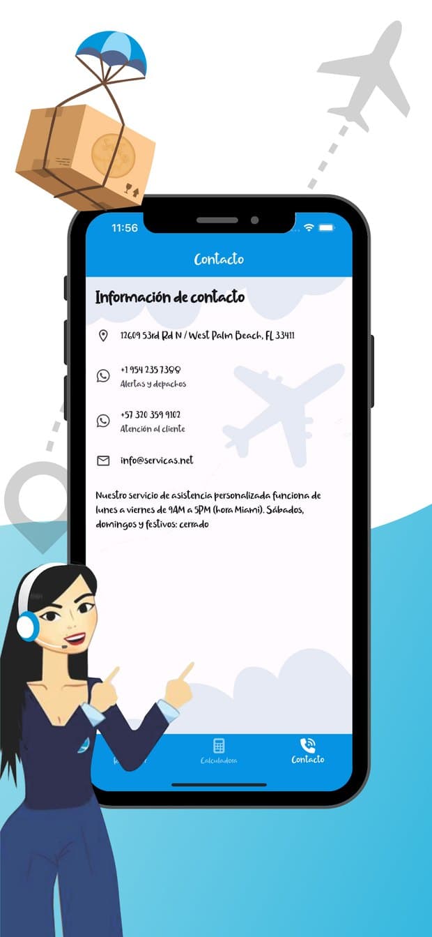 Pantalla de contacto con el WhatsApp de Servicas y los horarios de atención